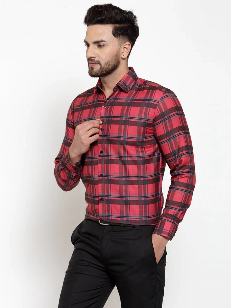 Jainish Red Men's Cotton Checked Formal Shirt's ( SF 750Red )