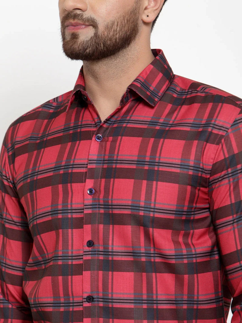 Jainish Red Men's Cotton Checked Formal Shirt's ( SF 750Red )