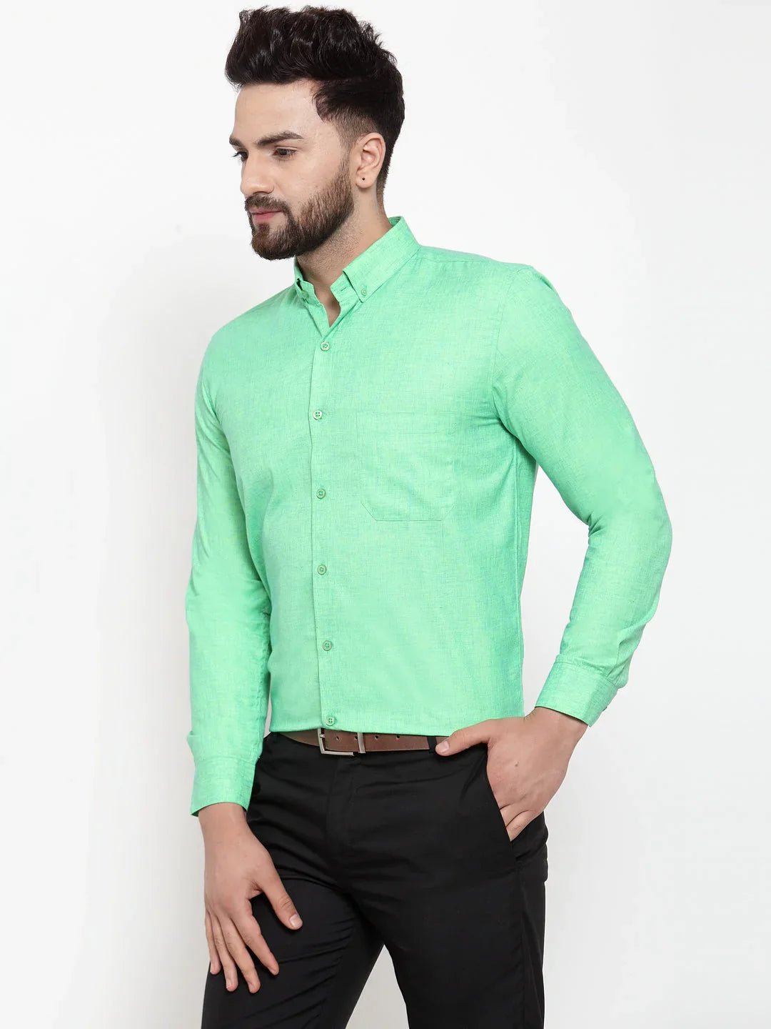 Jainish Green Men's Cotton Solid Button Down Formal Shirts ( SF 753Green )