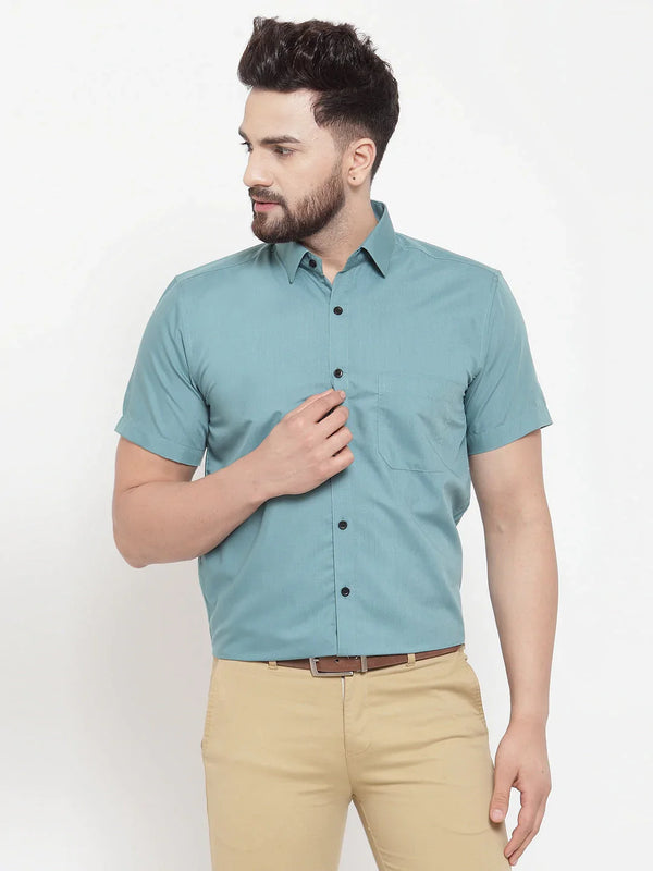 Jainish Green Men's Cotton Half Sleeves Solid Formal Shirts ( SF 754Aqua )