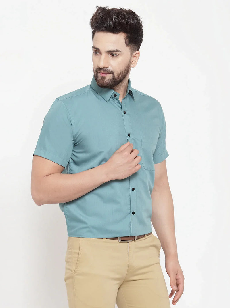 Jainish Green Men's Cotton Half Sleeves Solid Formal Shirts ( SF 754Aqua )