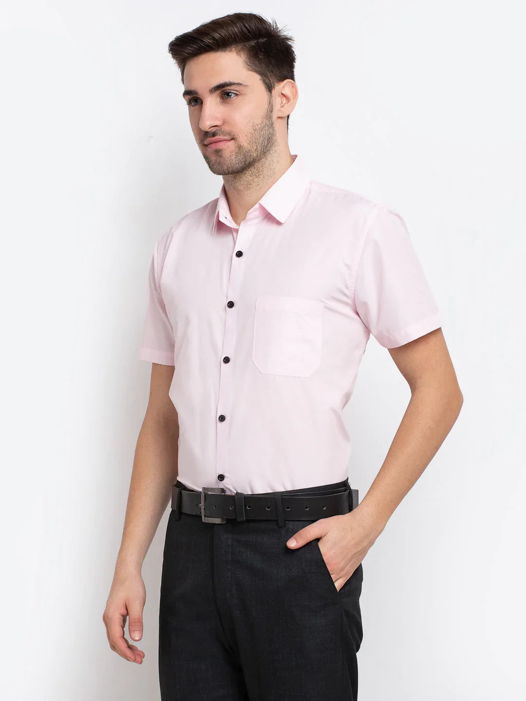 Jainish Pink Men's Cotton Half Sleeves Solid Formal Shirts ( SF 754Light-Pink )