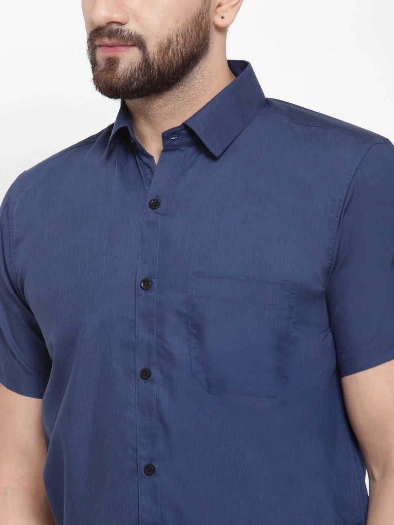 Jainish Blue Men's Cotton Half Sleeves Solid Formal Shirts ( SF 754Peacock )