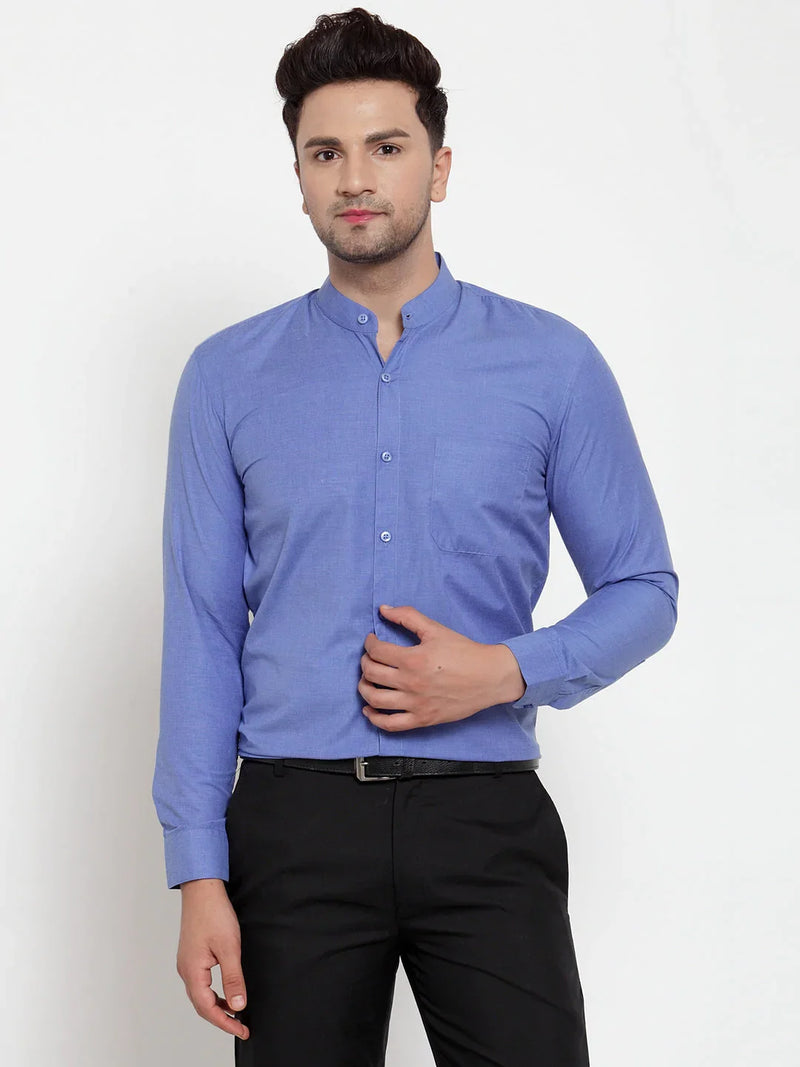 Jainish Blue Men's Cotton Solid Mandarin Collar Formal Shirts ( SF 757Blue )