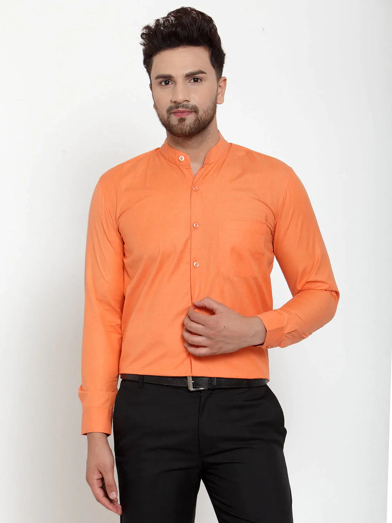 Jainish Orange Men's Cotton Solid Mandarin Collar Formal Shirts ( SF 757Orange )