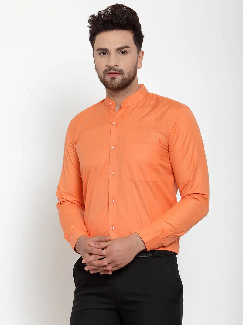 Jainish Orange Men's Cotton Solid Mandarin Collar Formal Shirts ( SF 757Orange )