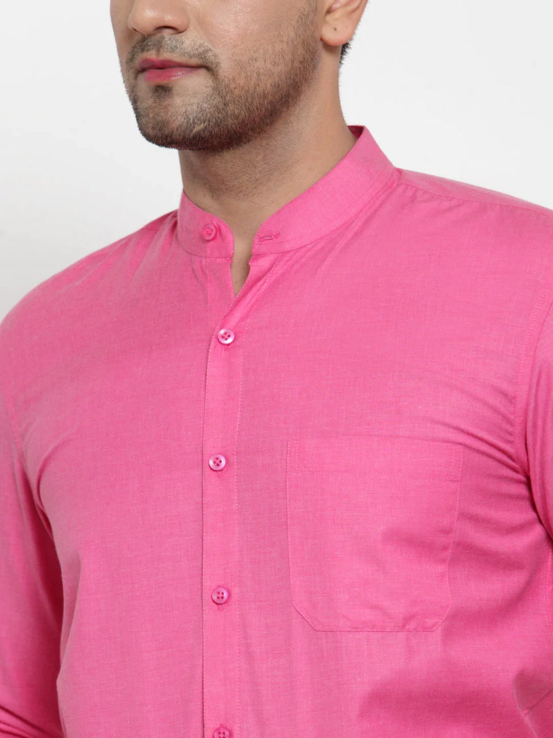 Jainish Pink Men's Cotton Solid Mandarin Collar Formal Shirts ( SF 757Pink )