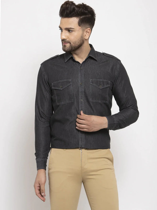 Jainish Black Men's Denim Solid Formal Shirt's ( SF 763Black )