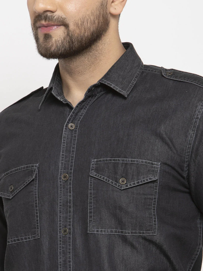 Jainish Black Men's Denim Solid Formal Shirt's ( SF 763Black )