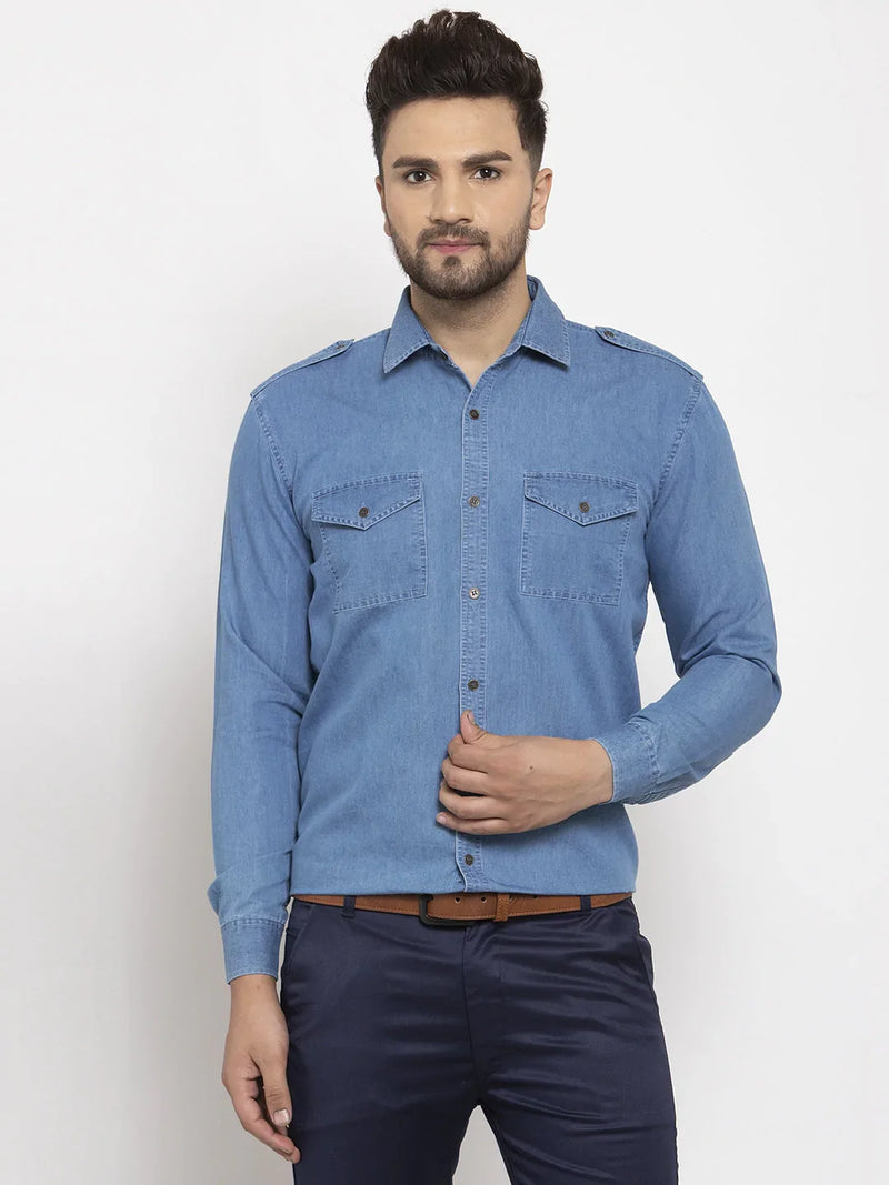 Jainish Blue Men's Denim Solid Formal Shirt's ( SF 763Blue )