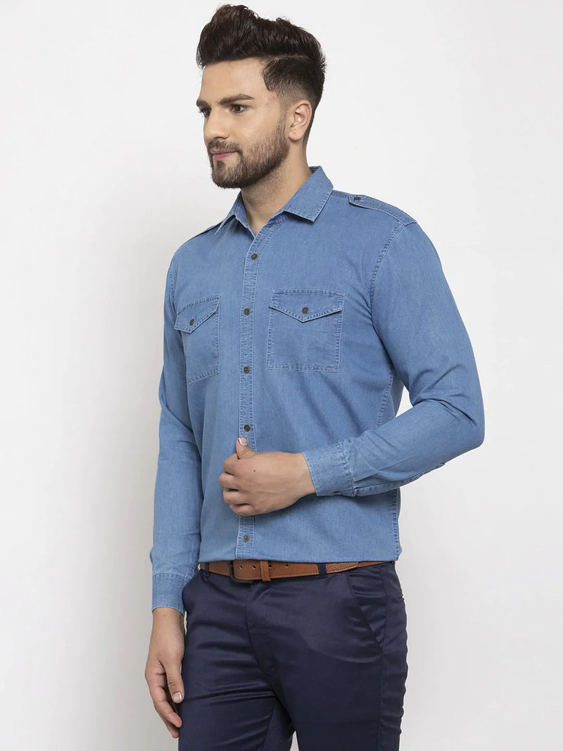 Jainish Blue Men's Denim Solid Formal Shirt's ( SF 763Blue )