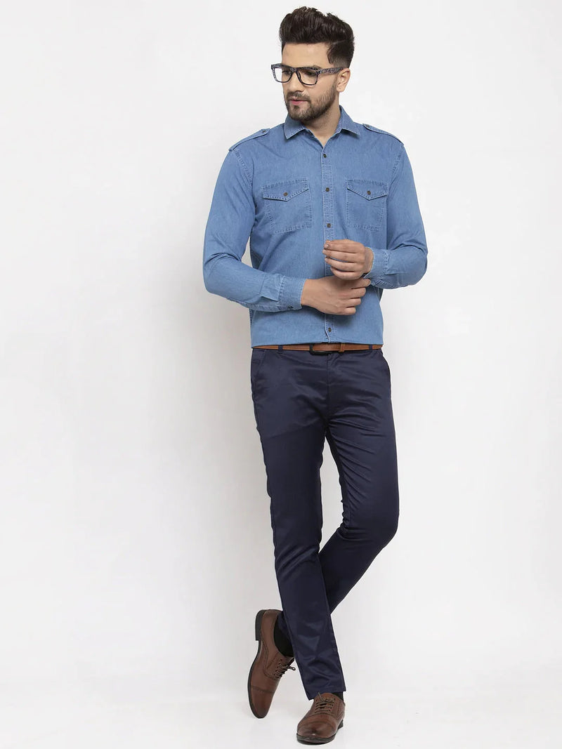 Jainish Blue Men's Denim Solid Formal Shirt's ( SF 763Blue )