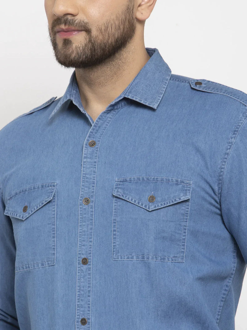 Jainish Blue Men's Denim Solid Formal Shirt's ( SF 763Blue )