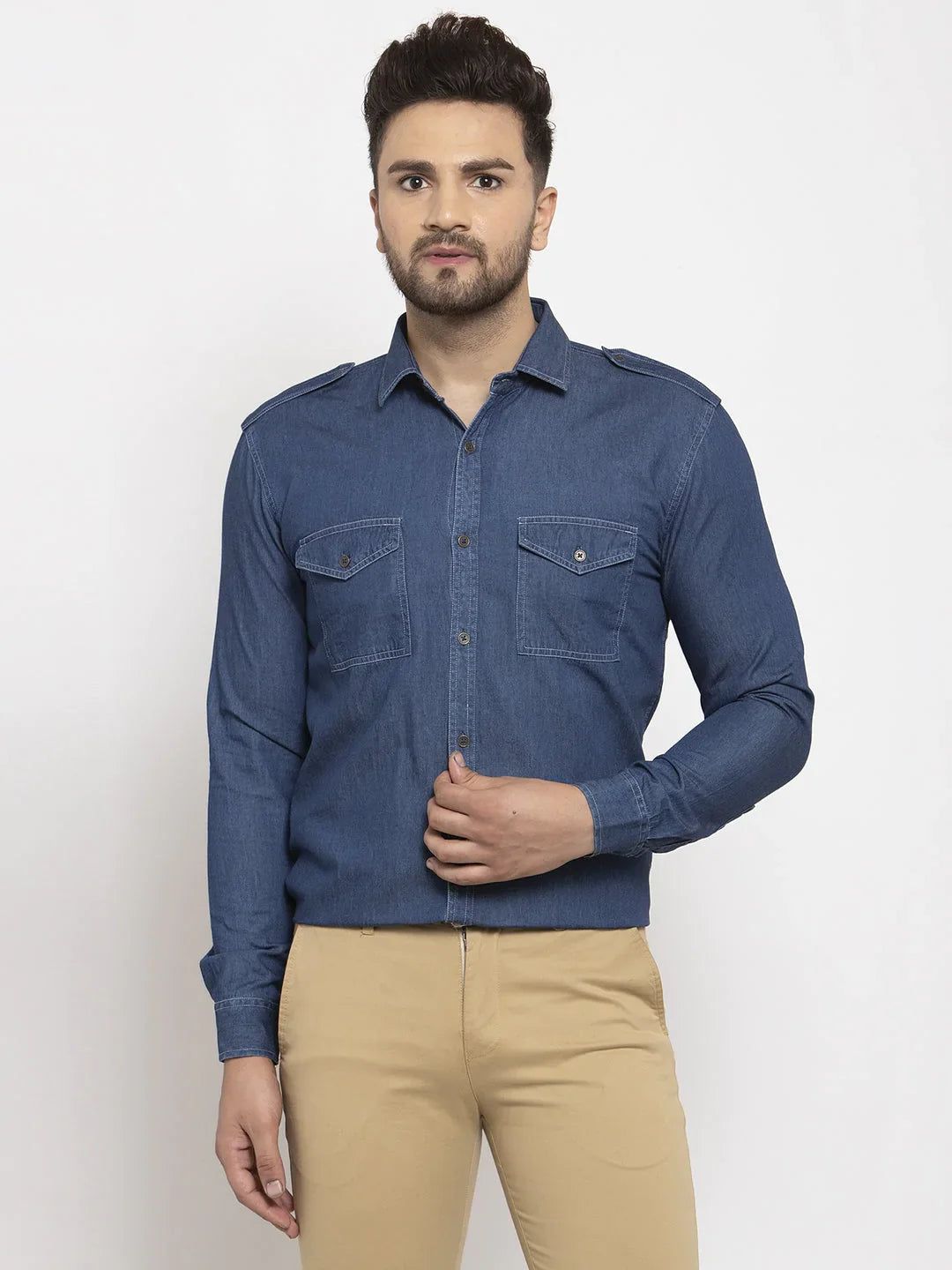 Jainish Navy Men's Denim Solid Formal Shirt's ( SF 763Navy )