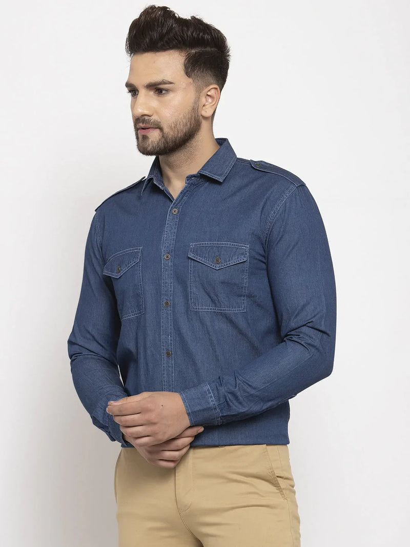 Jainish Navy Men's Denim Solid Formal Shirt's ( SF 763Navy )