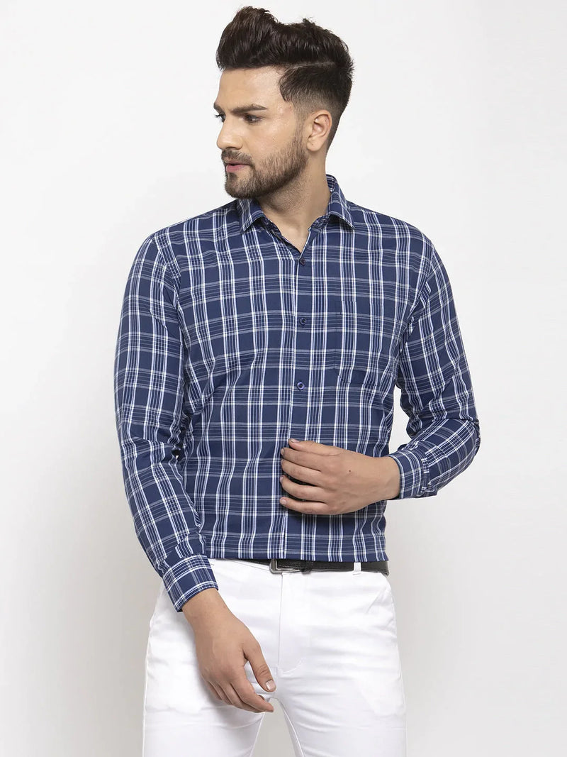 Jainish Blue Men's Cotton Checked Formal Shirt's ( SF 764Blue )