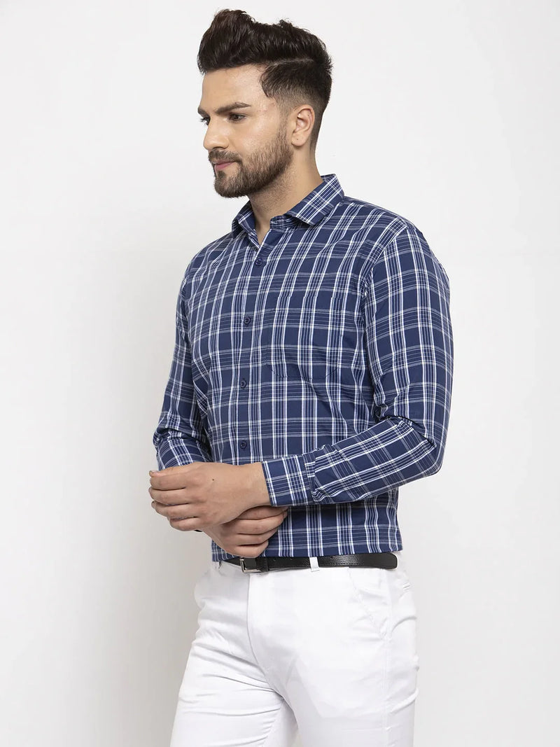 Jainish Blue Men's Cotton Checked Formal Shirt's ( SF 764Blue )