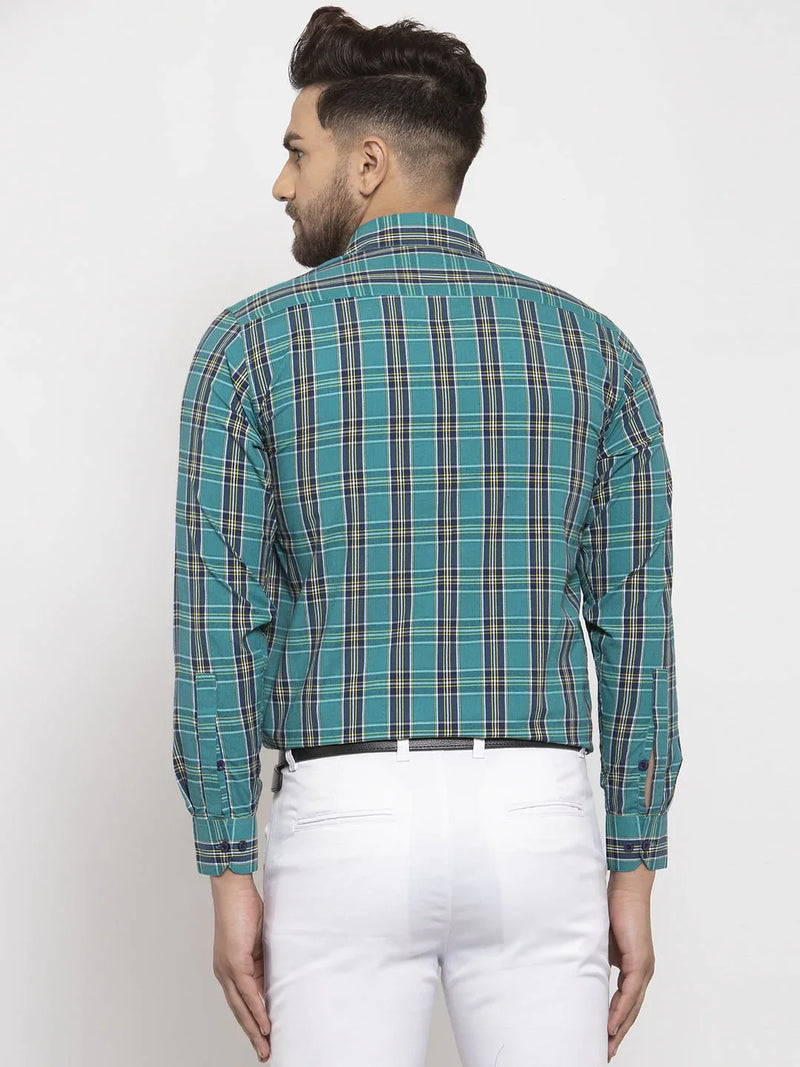 Jainish Green Men's Cotton Checked Formal Shirt's ( SF 764Green )