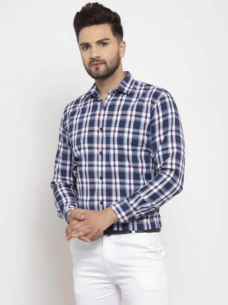 Jainish Navy Men's Cotton Checked Formal Shirt's ( SF 764Navy )