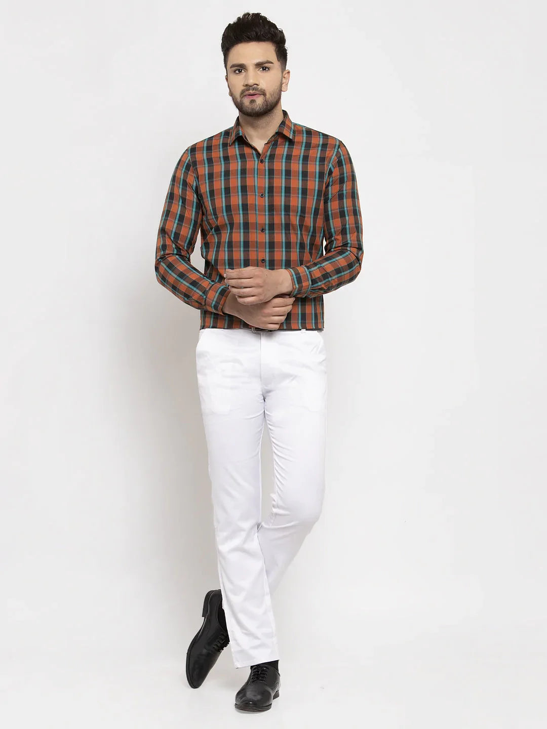 Jainish Orange Men's Cotton Checked Formal Shirt's ( SF 764Orange )