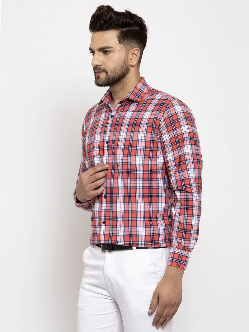 Jainish Red Men's Cotton Checked Formal Shirt's ( SF 764Red )