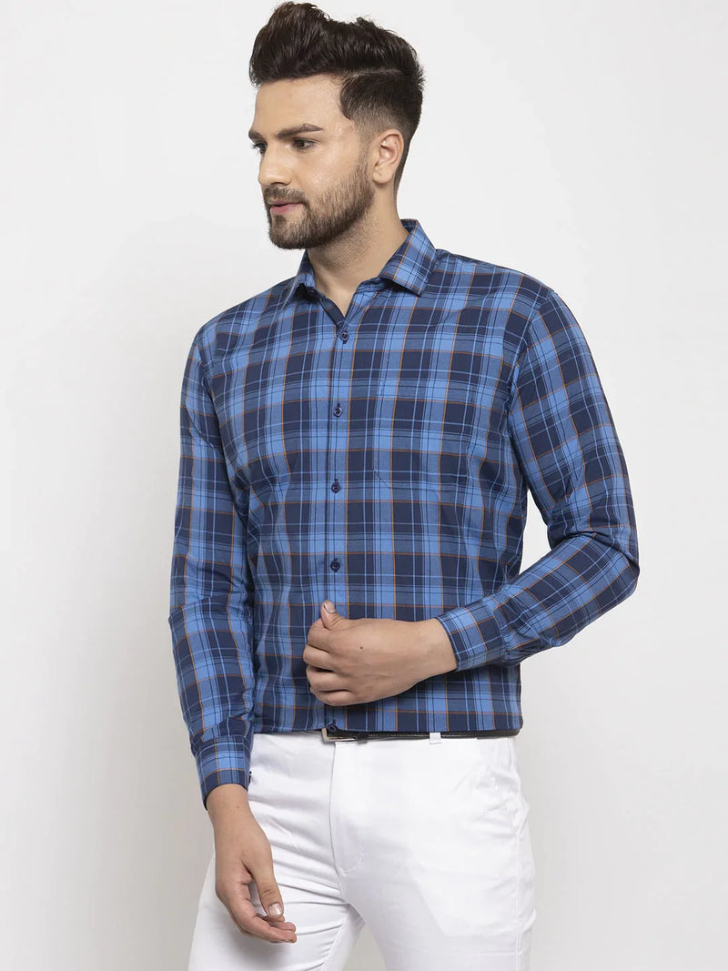 Jainish Blue Men's Cotton Checked Formal Shirt's ( SF 764Royal-Blue )