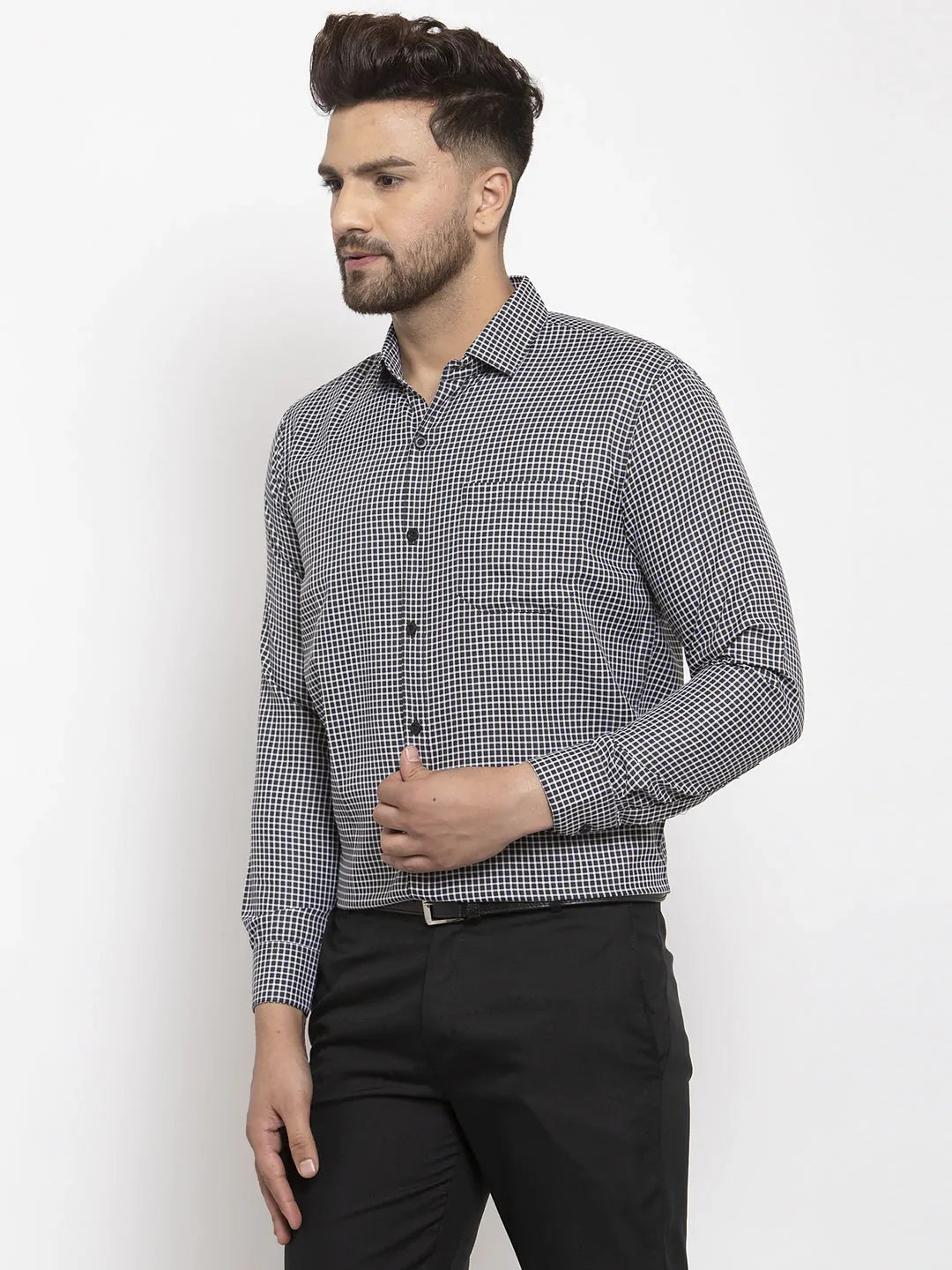 Jainish Black Men's Cotton Checked Formal Shirt's ( SF 765Black )