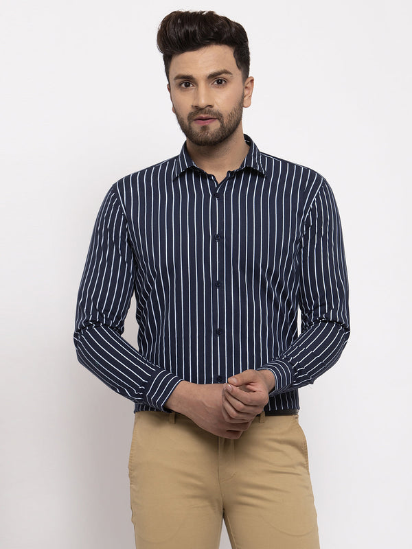 Indian Needle Navy Men's Cotton Striped Formal Shirt's