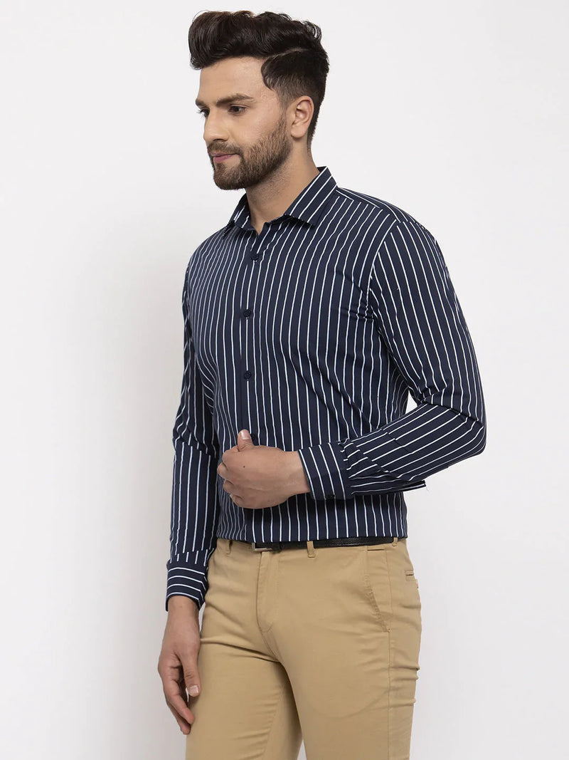 Jainish Navy Men's Cotton Striped Formal Shirt's ( SF 770Navy )