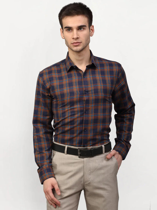 Jainish Orange Men's Checked Formal Shirts ( SF 781Orange-Blue )