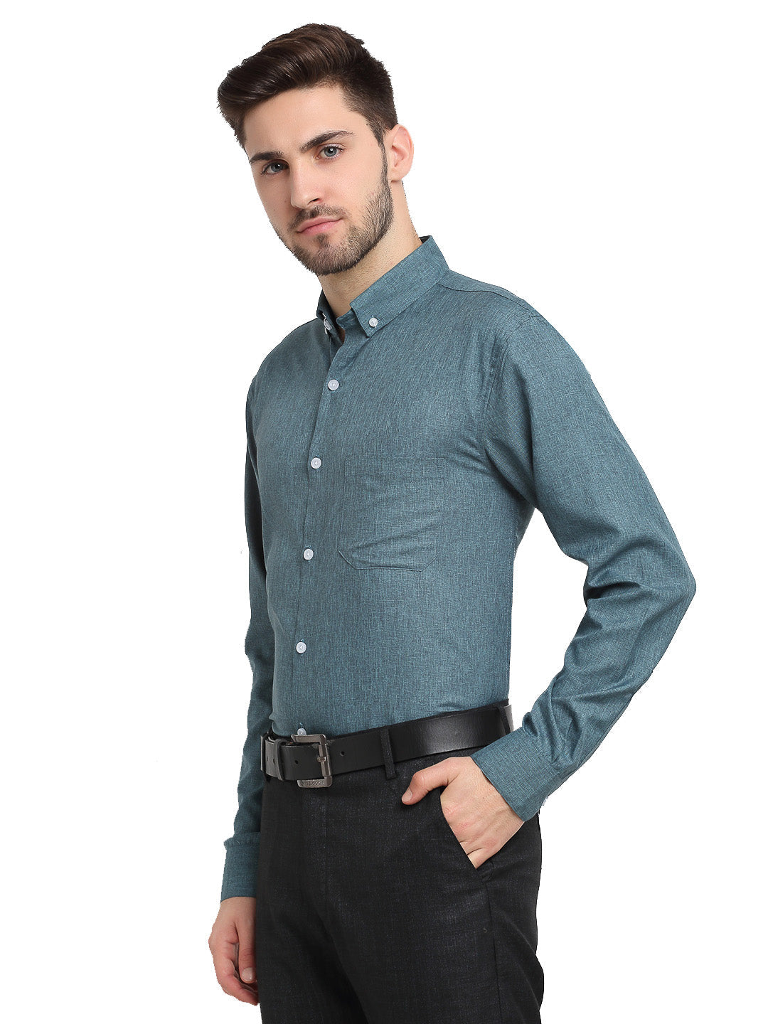 Indian Needle Grey Melange Men's Button Down Collar Cotton Formal Shirt