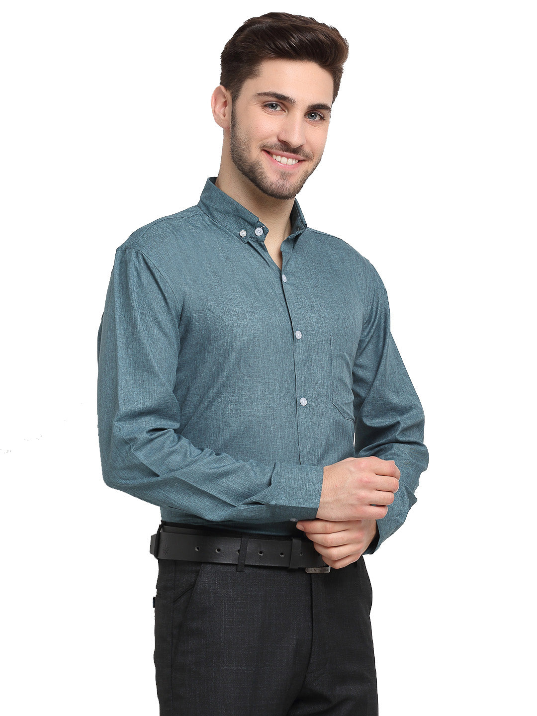 Indian Needle Grey Melange Men's Button Down Collar Cotton Formal Shirt