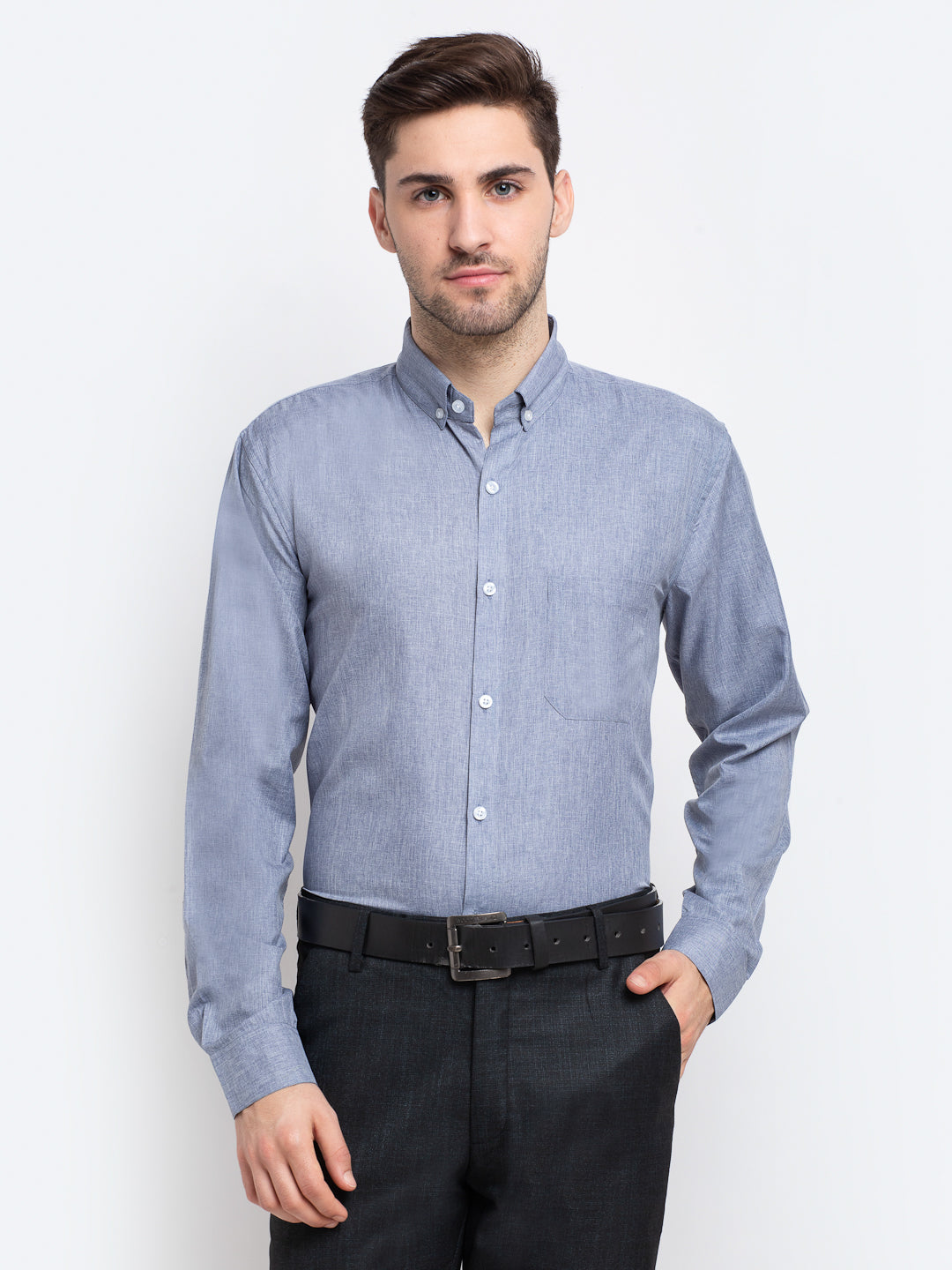 Indian Needle Grey Men's Button Down Collar Cotton Formal Shirt