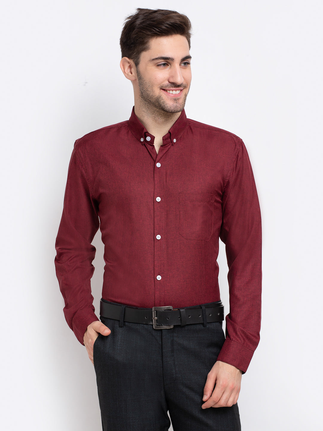 Indian Needle Maroon Men's Button Down Collar Cotton Formal Shirt