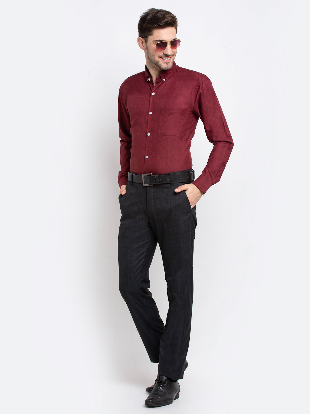 Indian Needle Maroon Men's Button Down Collar Cotton Formal Shirt