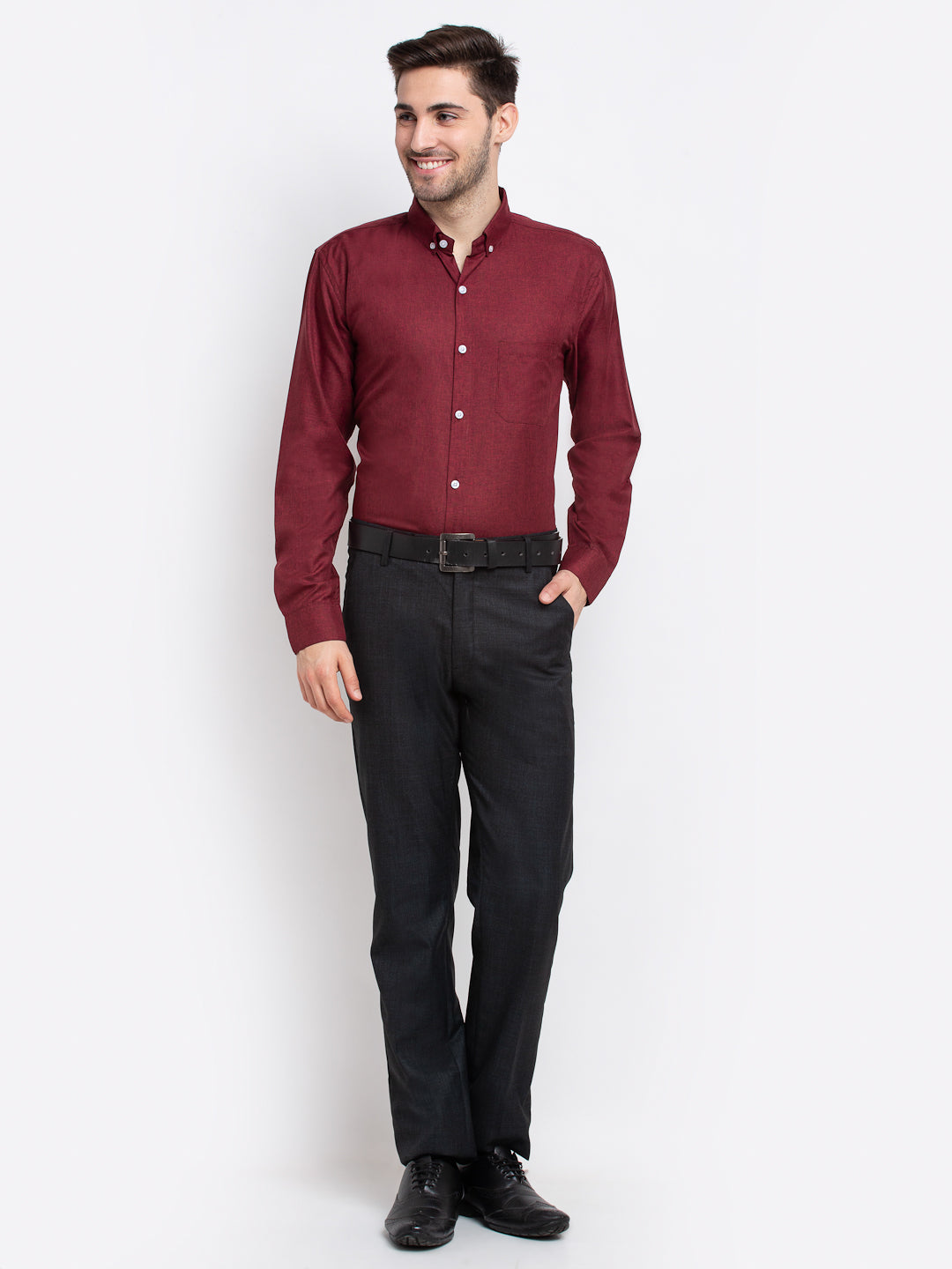 Indian Needle Maroon Men's Button Down Collar Cotton Formal Shirt