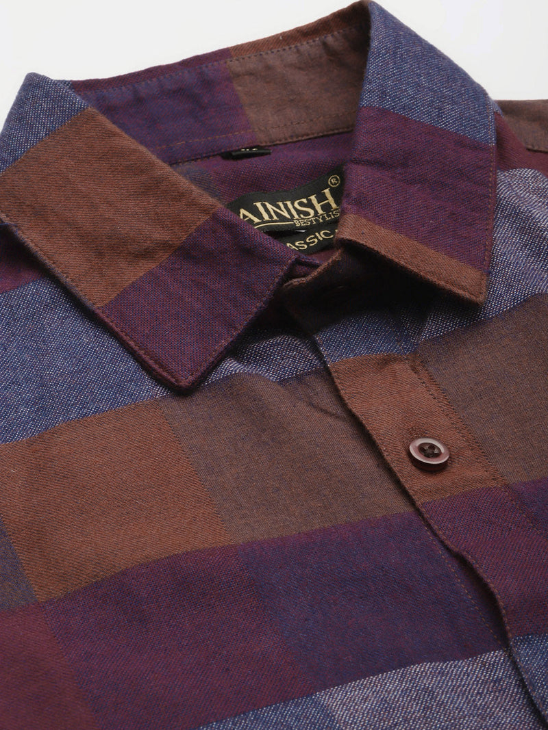 Indian Needle Brown Men's Formal Cotton Checked Shirt