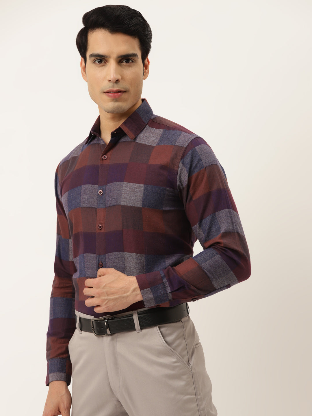 Indian Needle Brown Men's Formal Cotton Checked Shirt