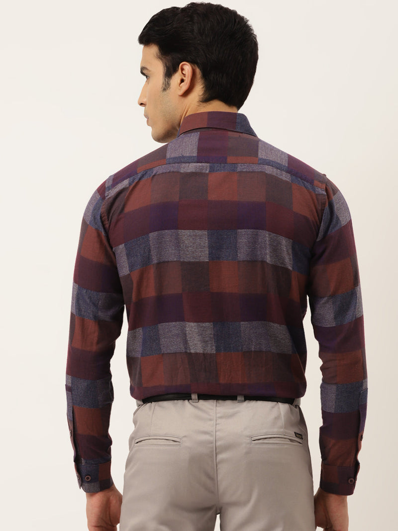 Indian Needle Brown Men's Formal Cotton Checked Shirt