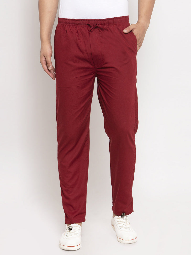 Indian Needle Men's Maroon Solid Cotton Track Pants