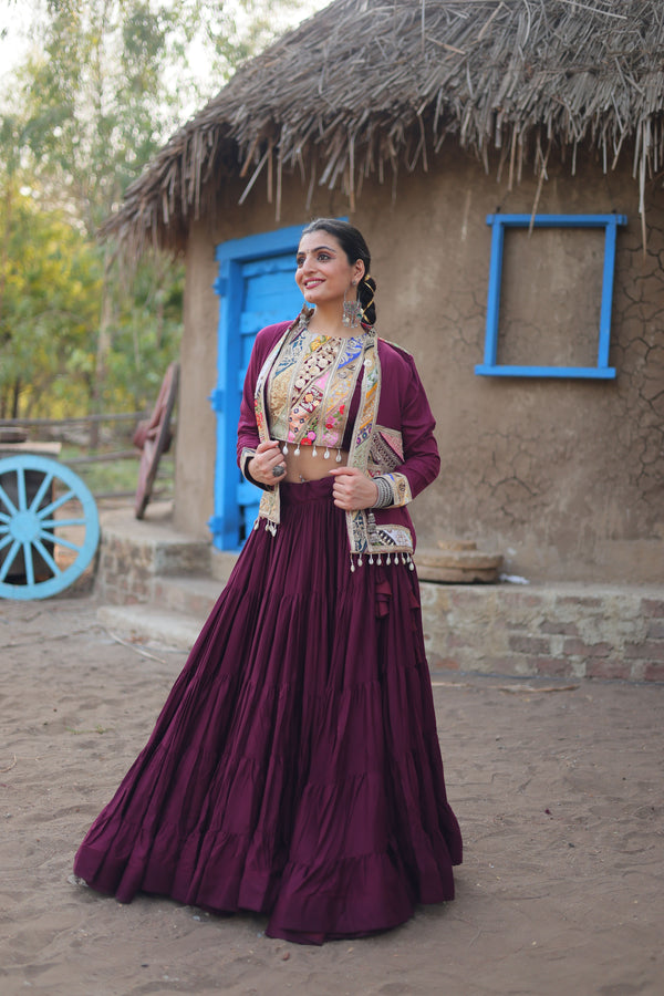 Aastha fashion off wine Lehenga Choli with 14Kg Reyon with Standard Frill fabric blouse fabric