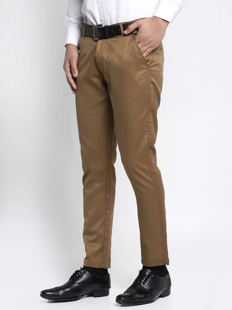 Jainish Men's Brown Tapered Fit Formal Trousers