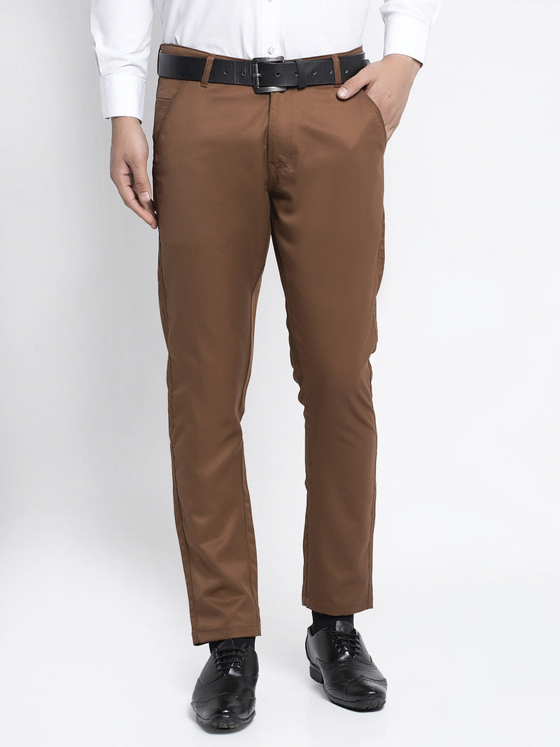 Jainish Men's Brown Tapered Fit Formal Trousers