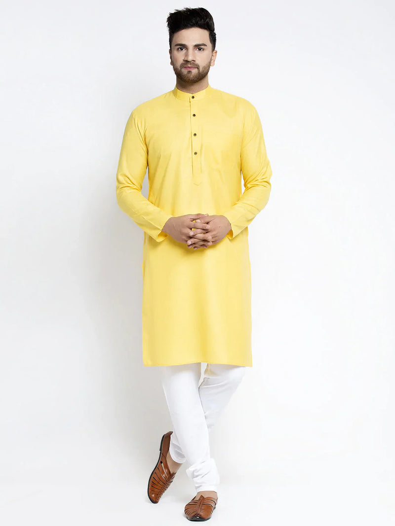 Men Lemon & White Solid Kurta with Churidar ( JOKP 532 Lemon )