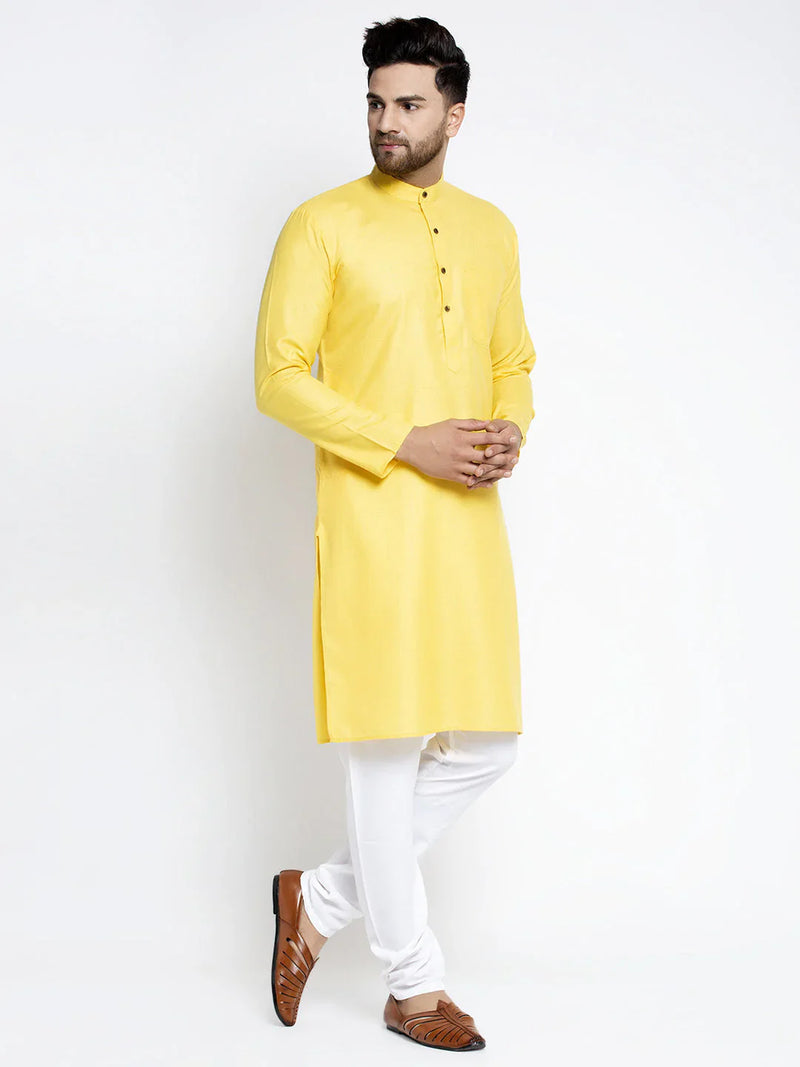 Men Lemon & White Solid Kurta with Churidar ( JOKP 532 Lemon )