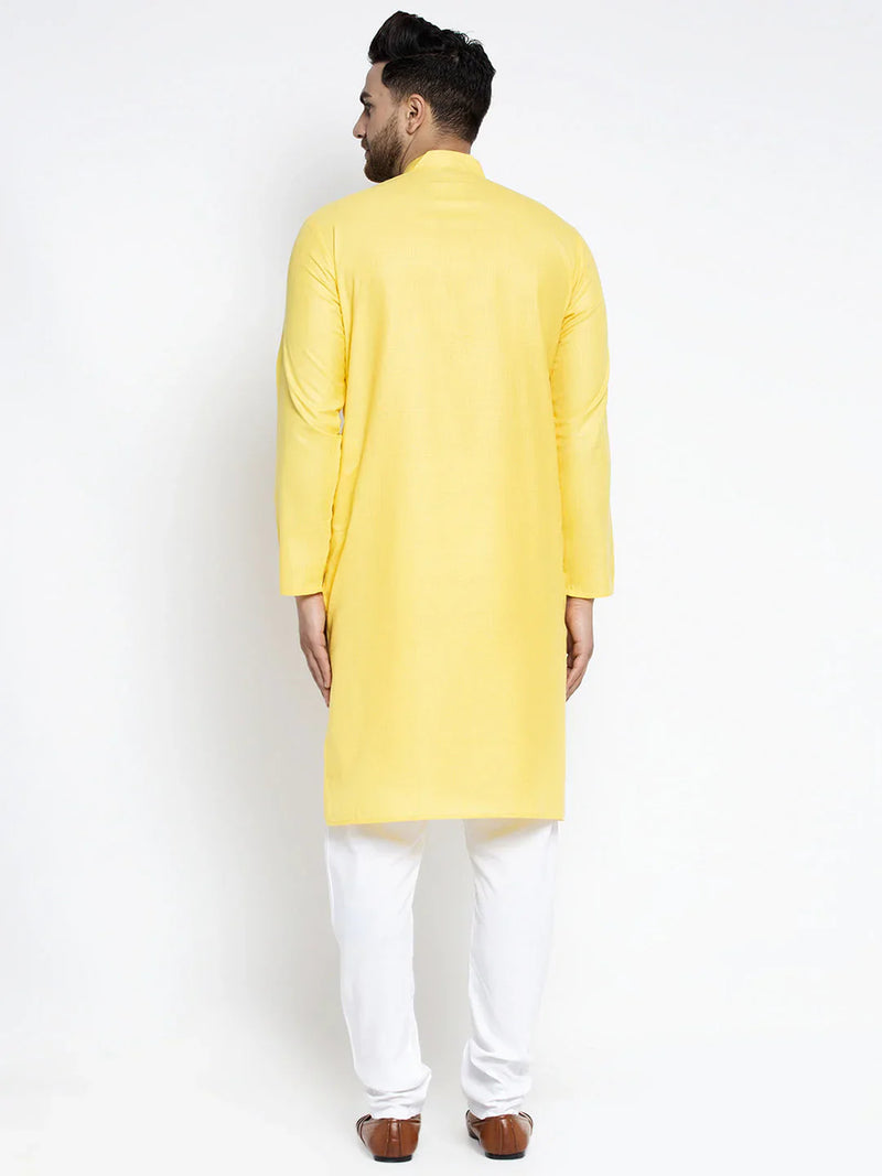 Men Lemon & White Solid Kurta with Churidar ( JOKP 532 Lemon )