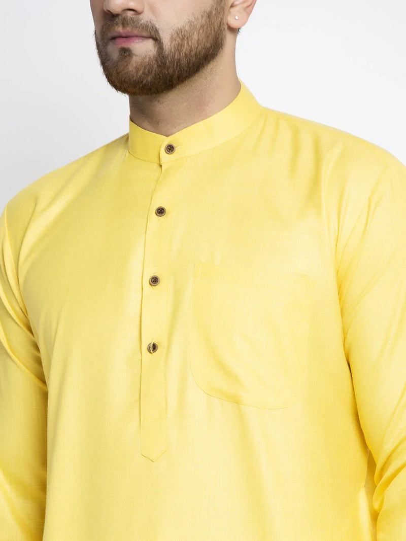 Men Lemon & White Solid Kurta with Churidar ( JOKP 532 Lemon )