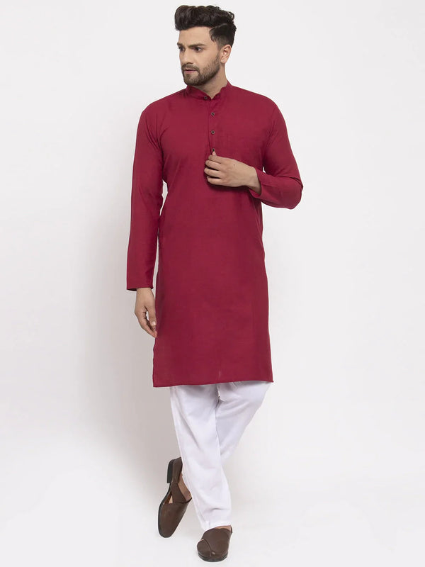 Men Maroon & White Solid Kurta with Churidar ( JOKP 532 Maroon )