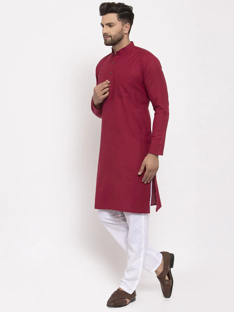 Men Maroon & White Solid Kurta with Churidar ( JOKP 532 Maroon )