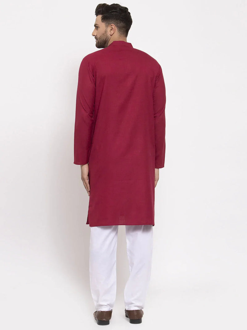 Men Maroon & White Solid Kurta with Churidar ( JOKP 532 Maroon )